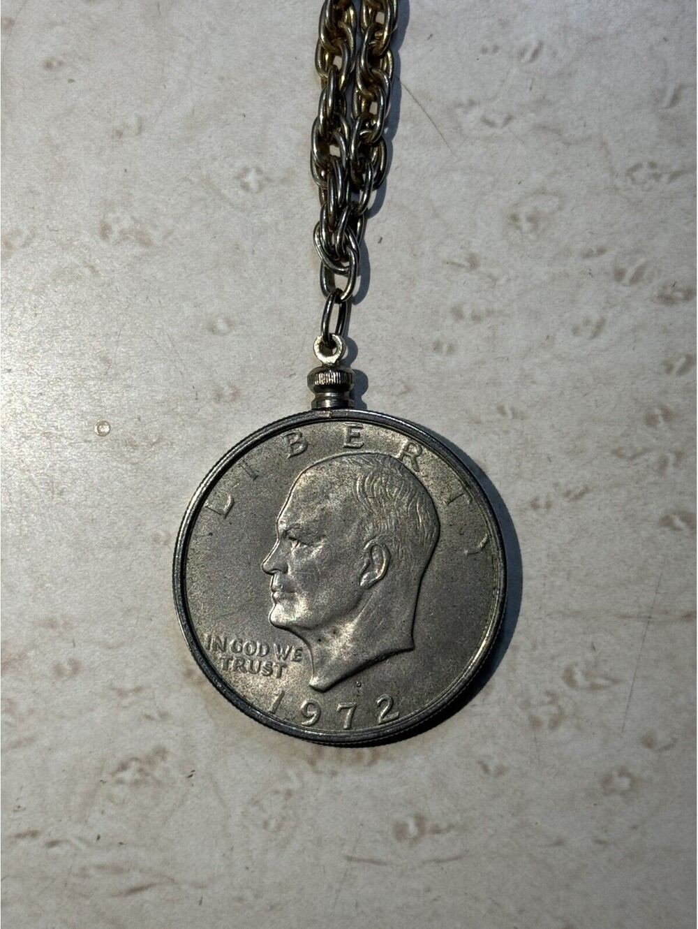 Vintage 1972 Eisenhower Dollar Coin Pendant Necklace 24" Two Tone Chain USA